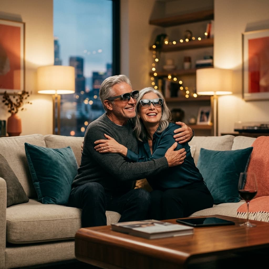 An older couple embracing, looking forward to an evening SynG session at home
