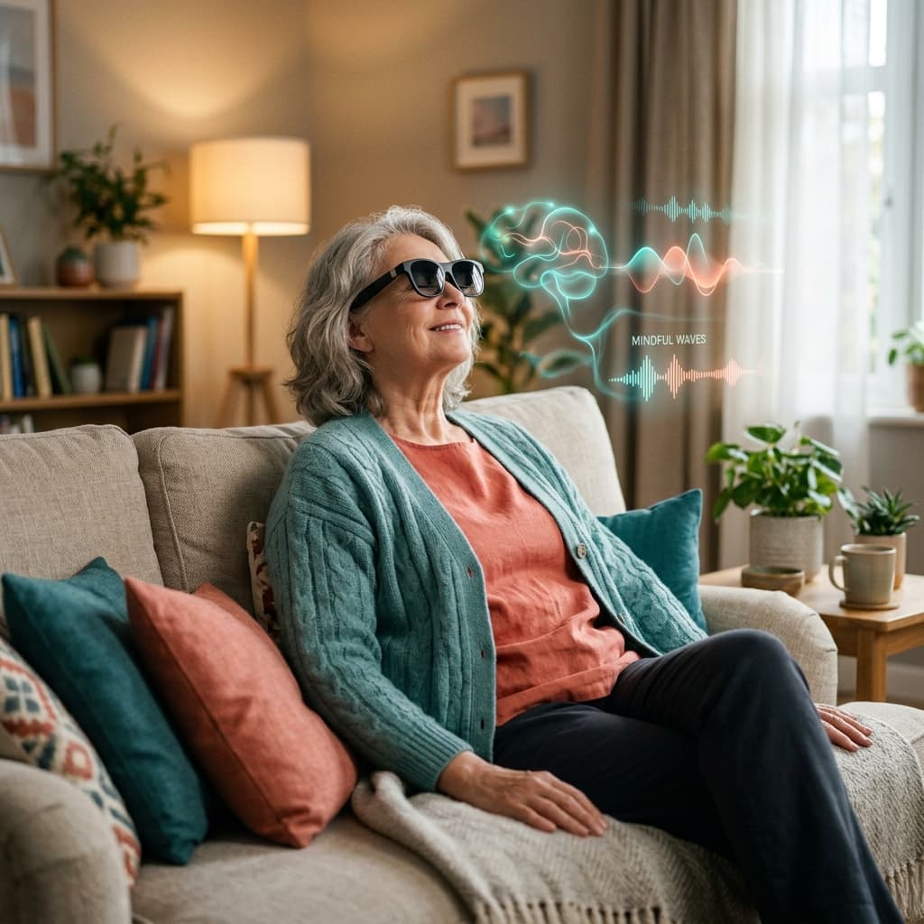 An older man sitting on a sofa wearing AR glasses and over-ear headphones during a SynG session