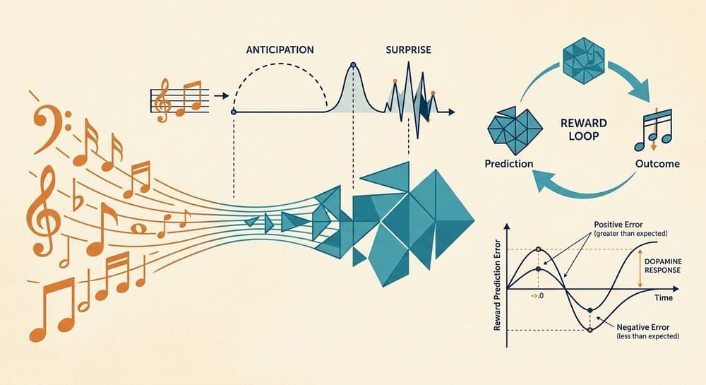 Illustration of musical notes feeding a prediction–reward loop